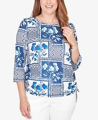 Alfred Dunner Women's Mykonos Framed Floral Ruched Side Tie Top