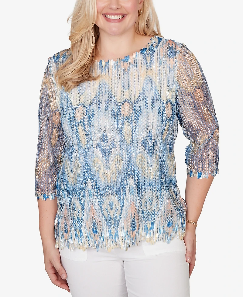 Alfred Dunner Women's Out of the Blue Dramatic Ikat Scallop Trim Crewneck Top