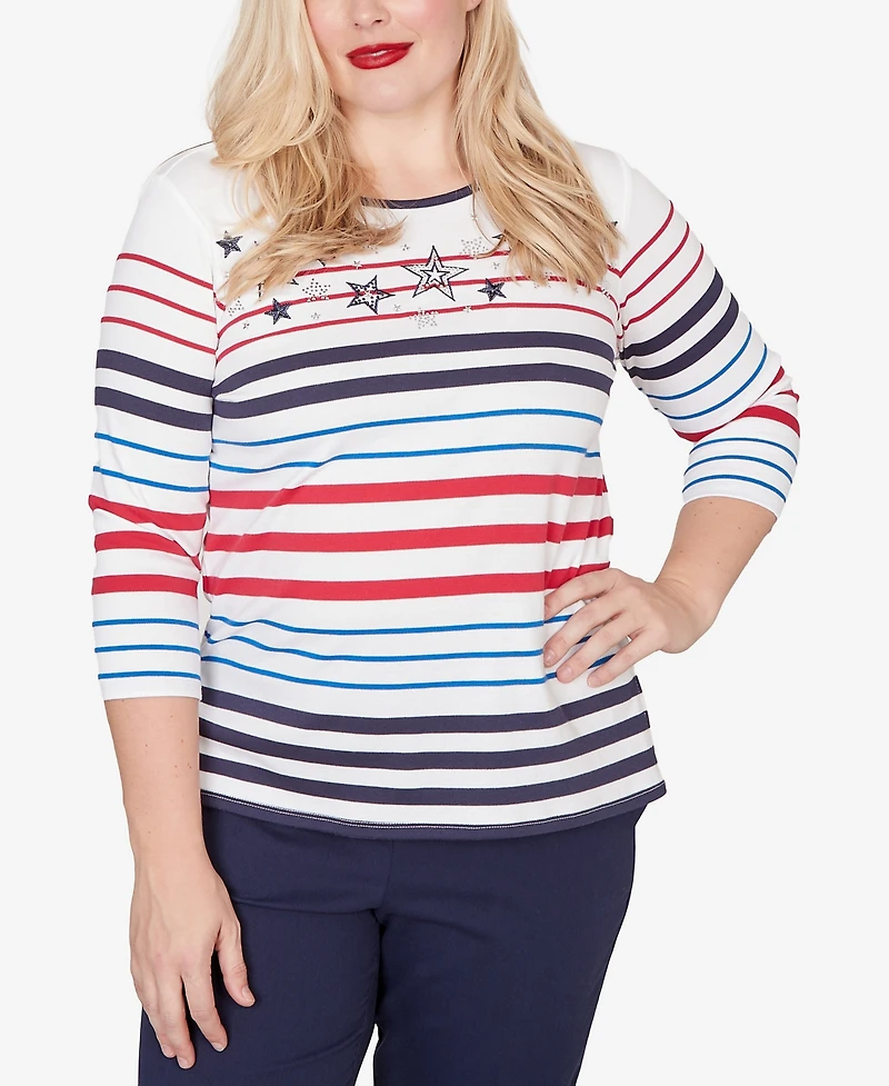 Alfred Dunner Women's Lady Liberty Stars And Stripes Americana Crewneck Top