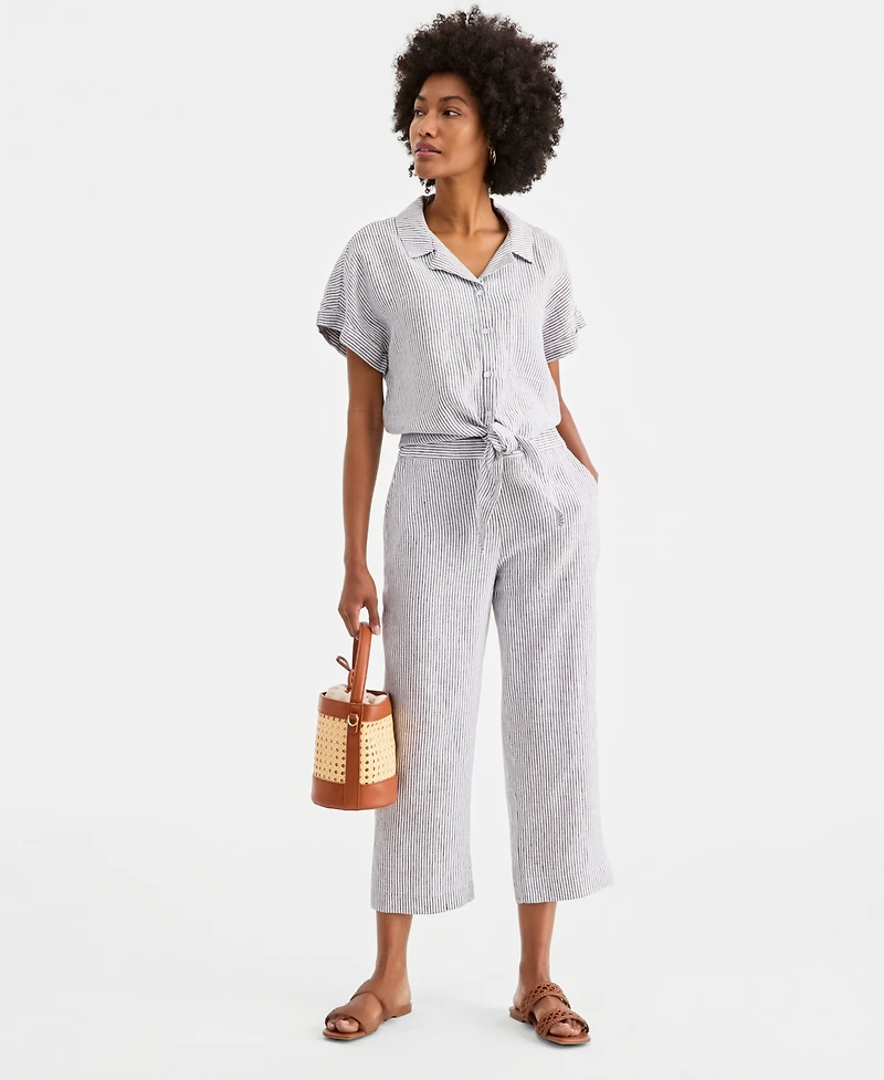 Charter Club Women's 100% Linen Tie-Front Shirt, Created for Macy's