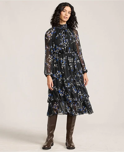 Lands' End Women's Crinkle Chiffon Ruffle Dress