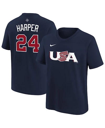 Nike Big Boys and Girls Bryce Harper Navy Usa Baseball 2026 World Baseball Classic Name Number T-Shirt