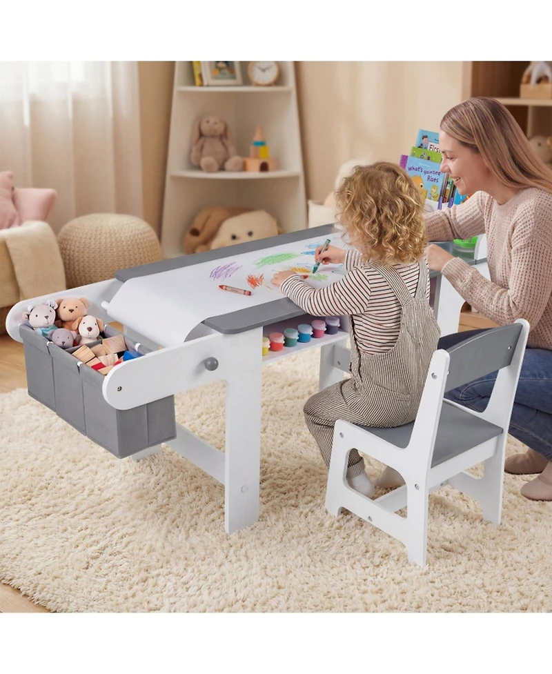 Gouun Kids Art Table and Chair Set with Paper Roll and Storage Cubbies