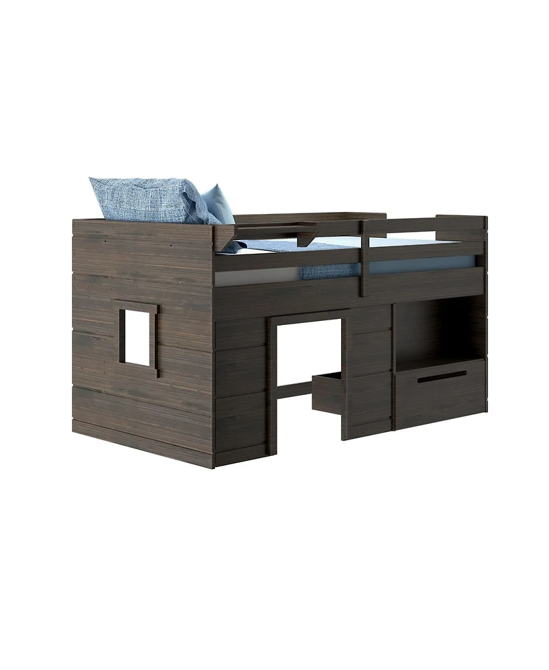 Max & Lily Modern Farmhouse Low Loft Bed with Storage Drawer, Solid Wood for Kids