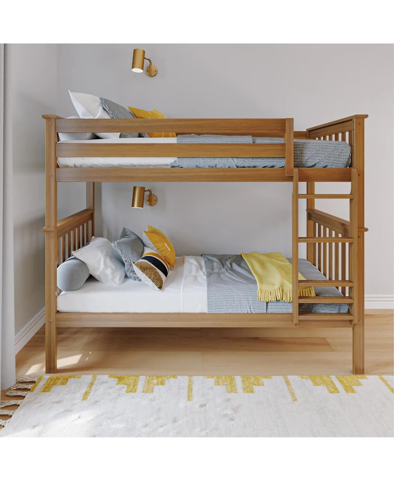 Max and Lily Twin over Bunk Bed for Kids, Solid Wood Beds with Ladder, Pecan