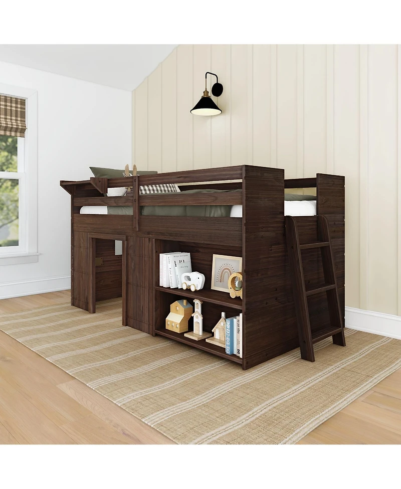 Max and Lily Farmhouse Twin Low Loft with Bookcase