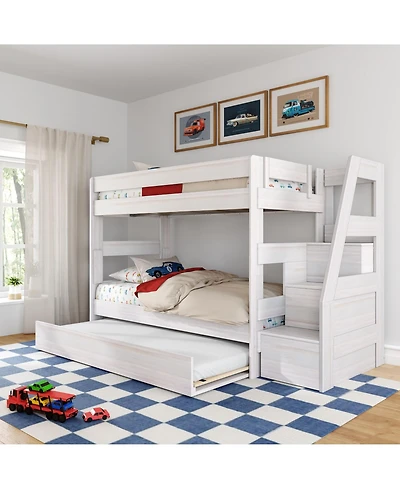 Max & Lily Twin Over Wood Staircase Bunk Bed with Trundle, Driftwood