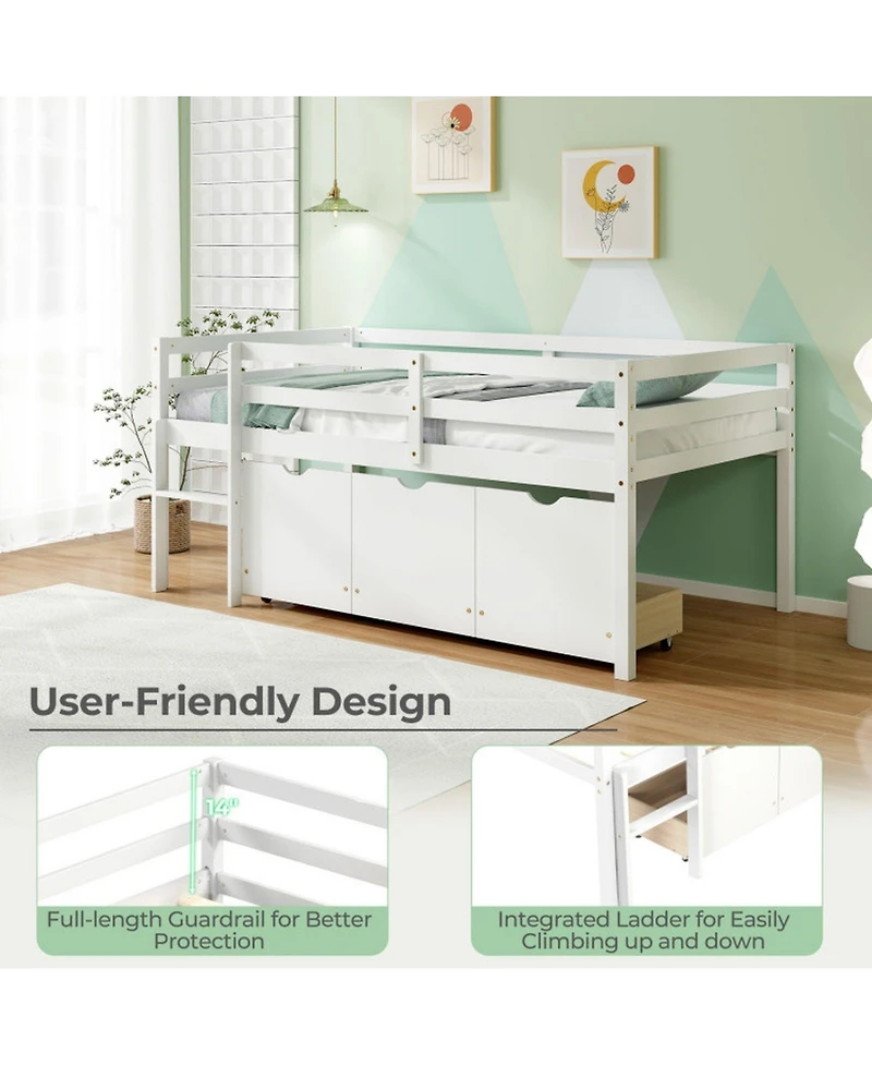 Gouun Twin Low Loft Bed with 3 Storage Drawers, Ladder and Full-Length Guardrails