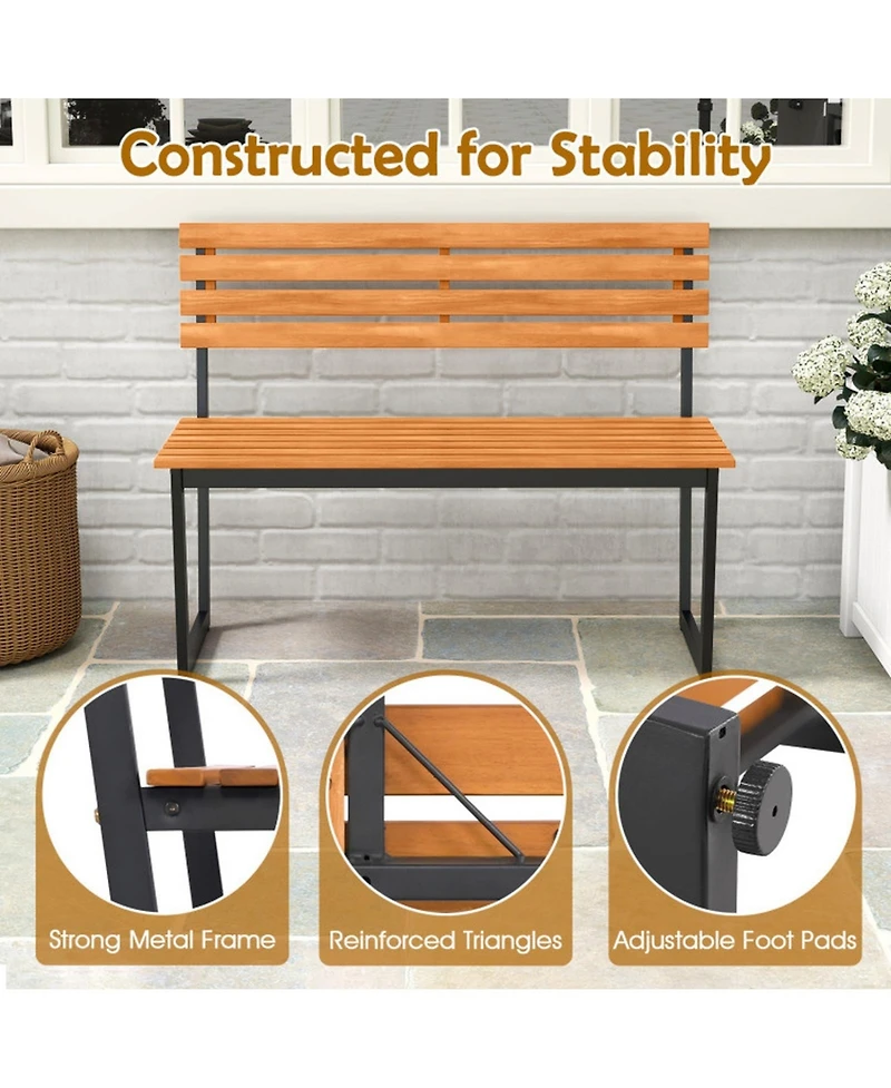 Gouun Acacia Wood Outdoor Loveseat Bench with Backrest and Metal Frame