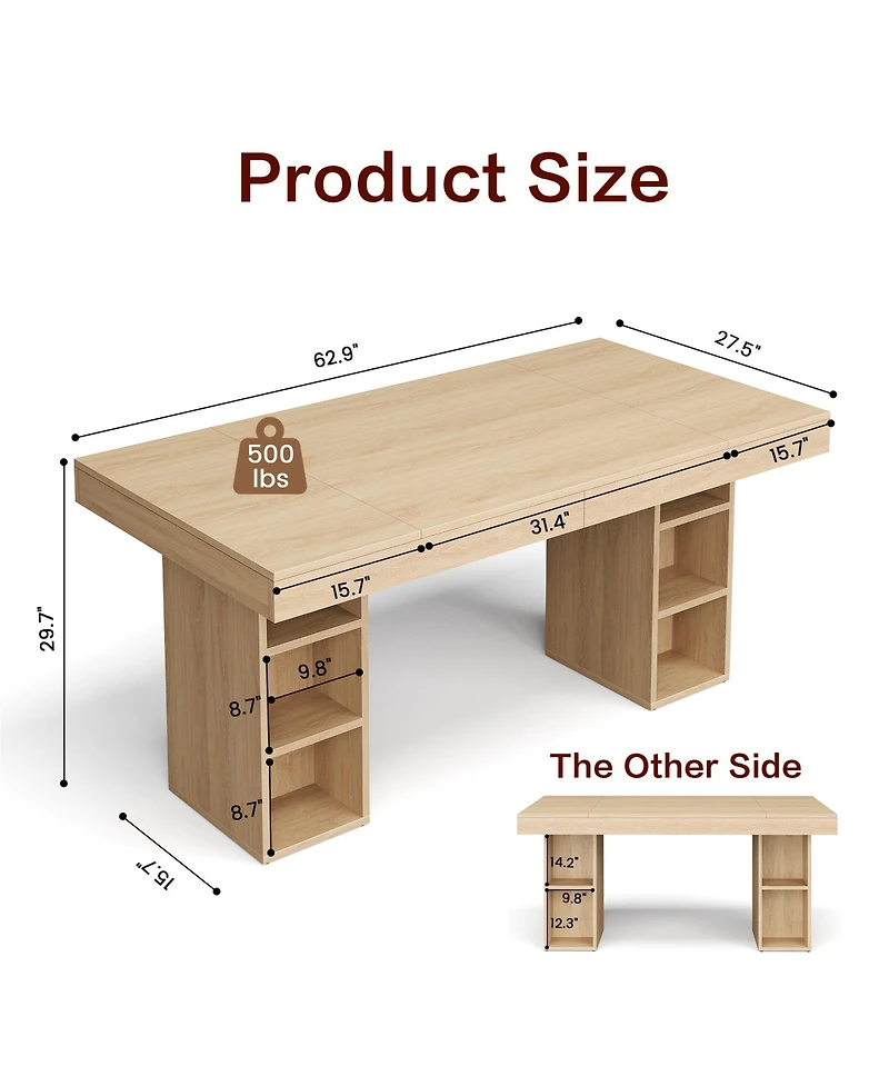 Homfan Spacious Rectangular Dining Table, Dual Storage, Double Pedestal, Wooden Frame, Large Tabletop for 6, Room or Office