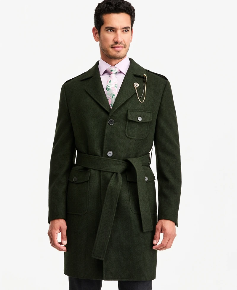 Tayion Collection Men's Classic-Fit Green Herringbone Overcoat