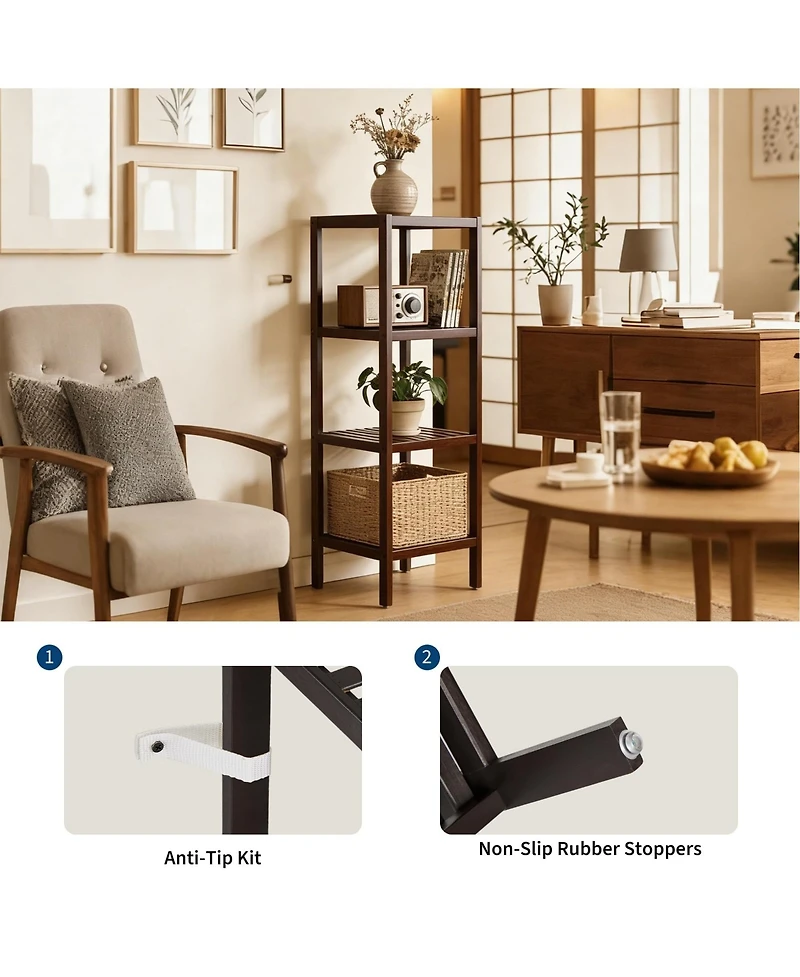 Homfan -Tier Bamboo Shelf Narrow Bathroom with Slatted Shelves Wood Plant Stand Standing Towel Rack Corner