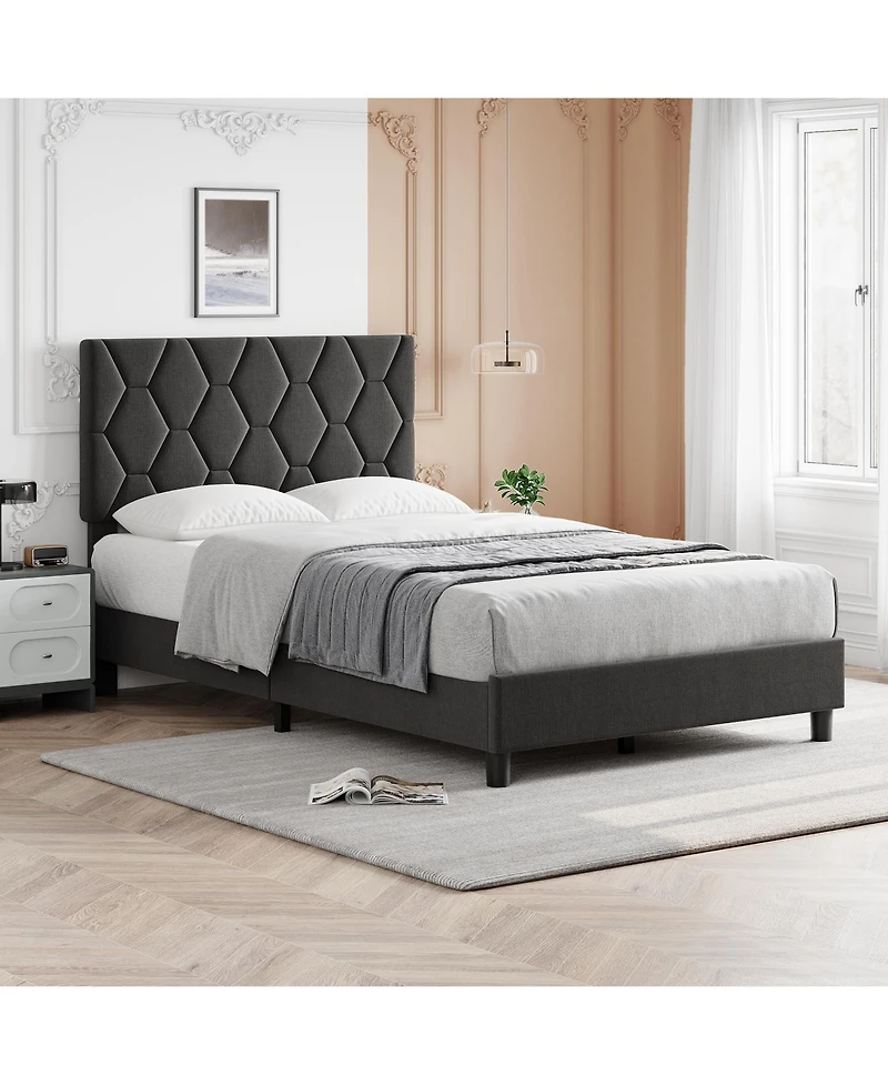 Homfan Full Bed Frame with Upholstered Headboard, Heavy-Duty Platform Bed Frame with Strong Wood Slats