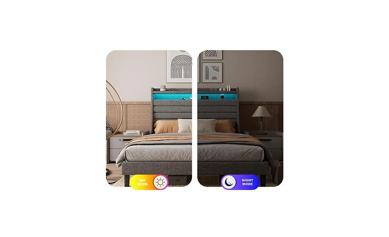 Homfan Modern Upholstered Platform Bed Frame with Led Headboard and Charging Station - Wooden Slat Support, Noise-Free