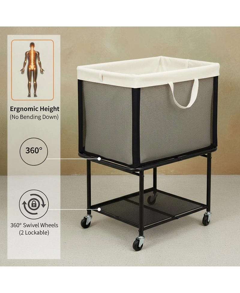 Yigii 2-Tier Rolling Laundry Hamper with Lockable Wheels Removable Canvas Bag 29-Gallon Capacity Heavy Duty