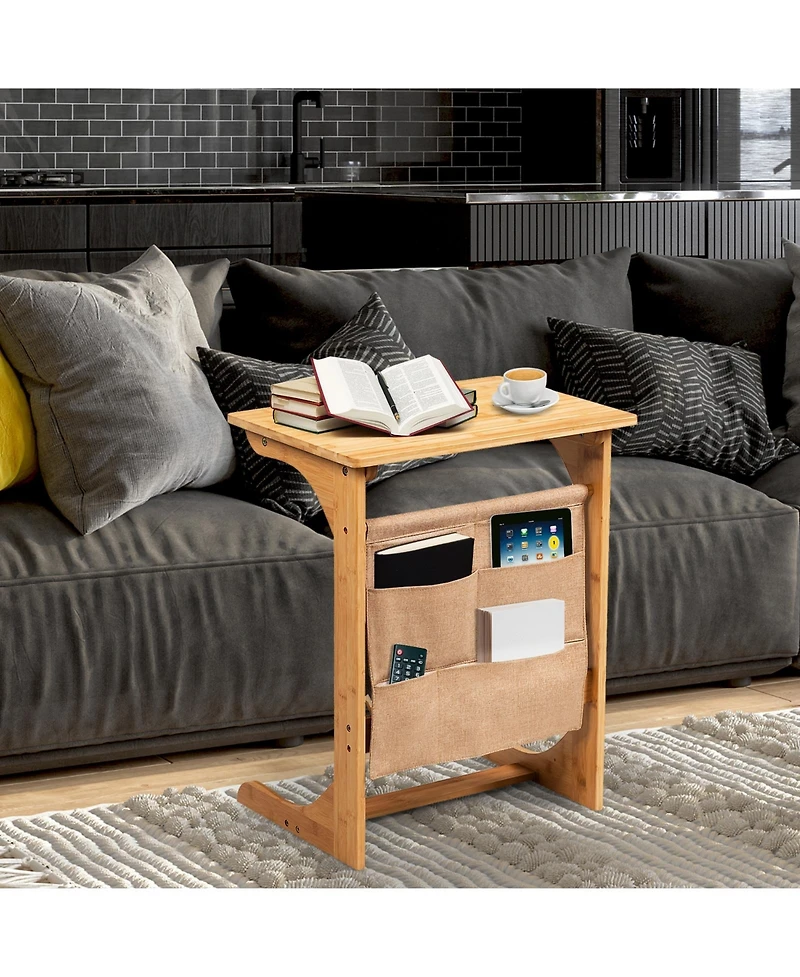 Sugift Bamboo Sofa Side Table with Storage Pocket Design