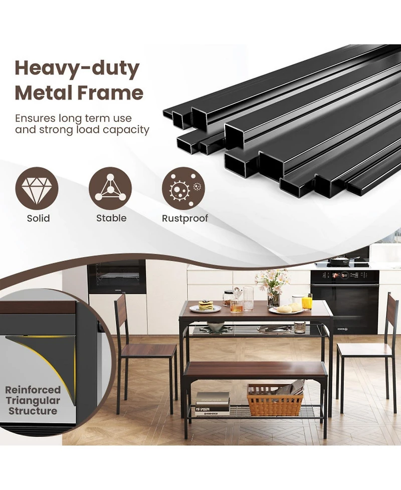 Gouun 4-Piece Industrial Dining Table Set with Bench, Chairs and Storage