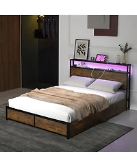 Gouun Full Size Led Bed Frame with 4 Storage Drawers and Built-In Charging Station