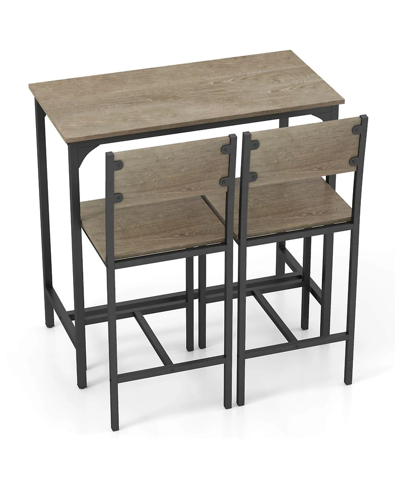 Costway 3 Pcs Bar Table Set Pub Dining Table and 2 Bar Stools with Backrest and Footrest