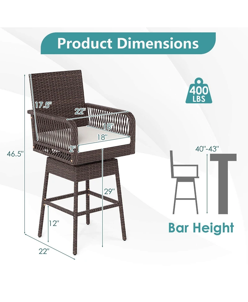 Costway 29" Patio 360degree(s) Swivel Bar Stool with Cross-Woven Armrests Footrest and Seat Cushion