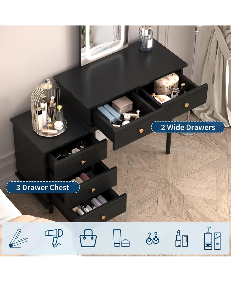 Homfan Makeup Vanity Desk with Mirror and Lights, Modern Table 2 Drawers Adjustable 3-Drawer Cabinet, Wood Dressing for Bedroom