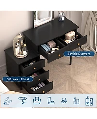 Homfan Makeup Vanity Desk with Mirror and Lights, Modern Table 2 Drawers Adjustable 3-Drawer Cabinet, Wood Dressing for Bedroom