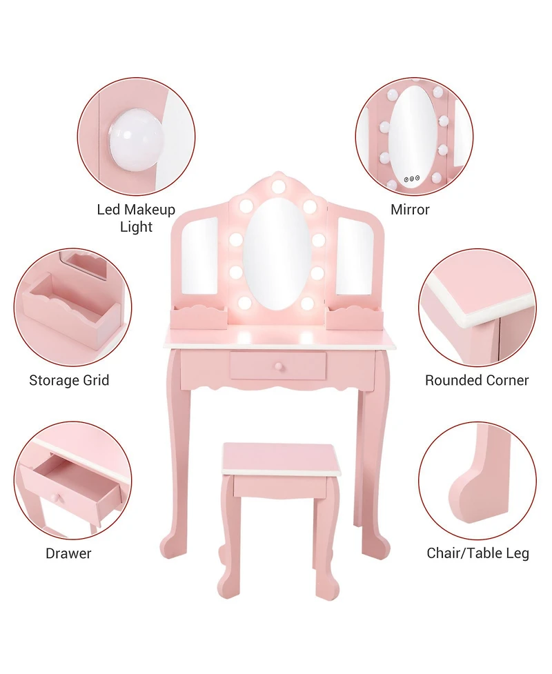 Homfan Kids Vanity Set with Lighted Tri Fold Mirror, Wooden Pretend Play Dressing Table Stool, Storage Drawer & Adjustable Led Modes