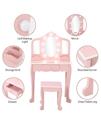 Homfan Kids Vanity Set with Lighted Tri Fold Mirror, Wooden Pretend Play Dressing Table Stool, Storage Drawer & Adjustable Led Modes