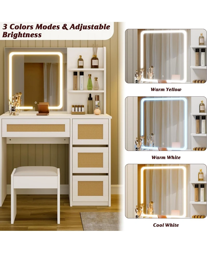 Homfan Rattan Vanity with Mirror, Makeup Vanity Desk with Adjustable Led Light, Large Storage Space and4 Drawers, 2 Tiers of Open Shelves for Bedroom