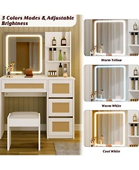 Homfan Rattan Vanity with Mirror, Makeup Vanity Desk with Adjustable Led Light, Large Storage Space and4 Drawers, 2 Tiers of Open Shelves for Bedroom