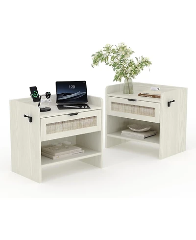 gaomon 2 Pc Rattan Nightstand Set with Type C Charging Station