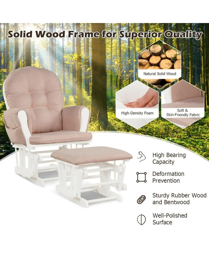 Gouun 29.5 x 28.5 in. Wood Glider with Ottoman, Storage Pocket and Detachable Cushion