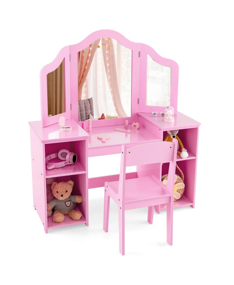 Gouun Kids Vanity Set with Tri-Folding Acrylic Mirror, 4 Storage Cubbies and High-Back Chair