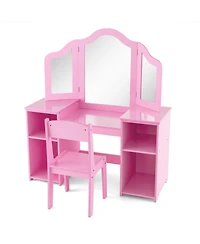 Gouun Kids Vanity Set with Tri-Folding Acrylic Mirror, 4 Storage Cubbies and High-Back Chair