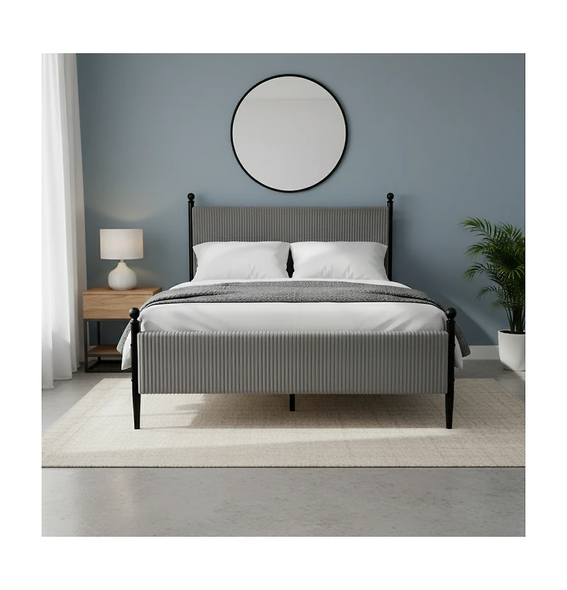 Homfan Modern Corduroy Upholstered Bed Frame with Vertical Striped Headboard, Wooden Slats, Metal Legs