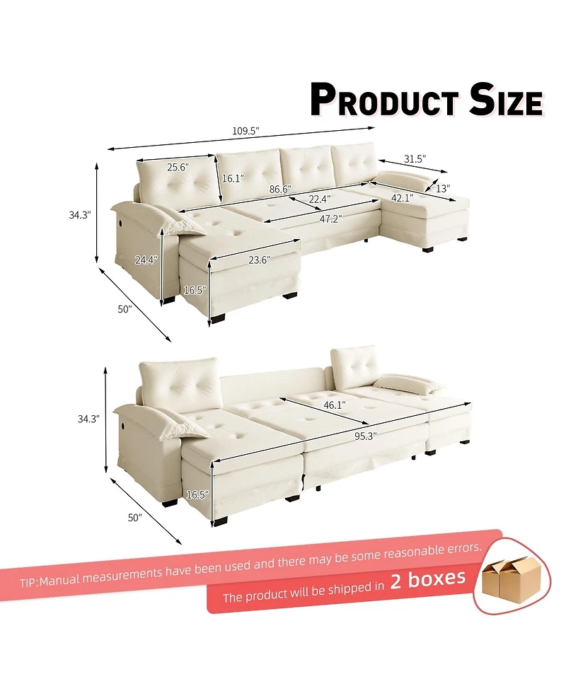 Rainsken 109.5" U-Shaped Sleeper Sofa, Oversized Modular Sectional Couch with Pull Out Bed, Removable Armrests and Usb Ports for Living Room