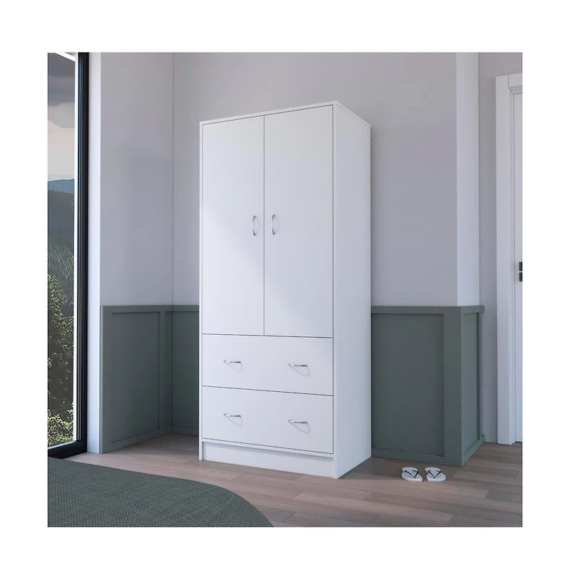 Flynama Edie Armoire White Bedroom Storage Organizer with Clothing Rod Upper Shelf and Lower Drawer