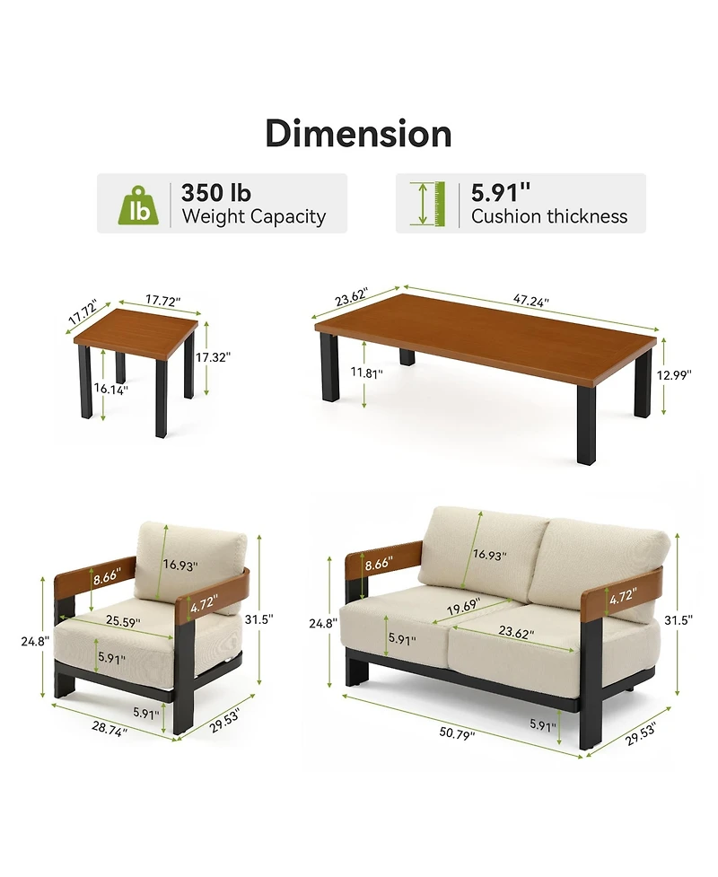 Tribesigns 4-Piece Patio Conversation Set with 2 Armchairs, Loveseat & Coffee Table, Outdoor Accent Chairs with Removable Cushion, Sturdy Metal Frame
