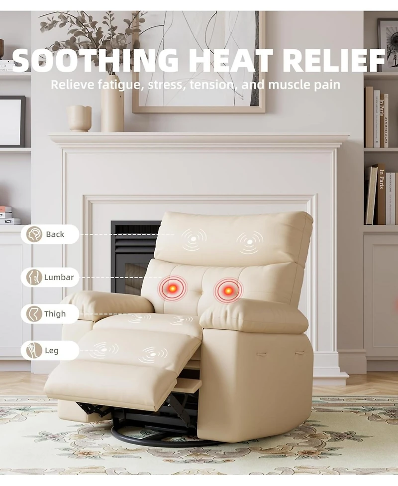 gaomon Swivel Rocking Recliner Chair, Oversized Pu Leather Reclining Nursery Rockers with Heat and Massage, Rocker Recliner Chair with Pull Handle