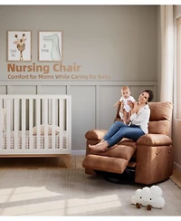 gaomon Swivel Rocking Recliner Chair, Oversized Pu Leather Reclining Nursery Rockers with Heat and Massage, Rocker Chair Pull Handle