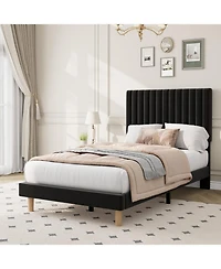 gaomon Twin Velvet Upholstered Bed Frame with Vertical Channel Tufted Adjustable Headboard