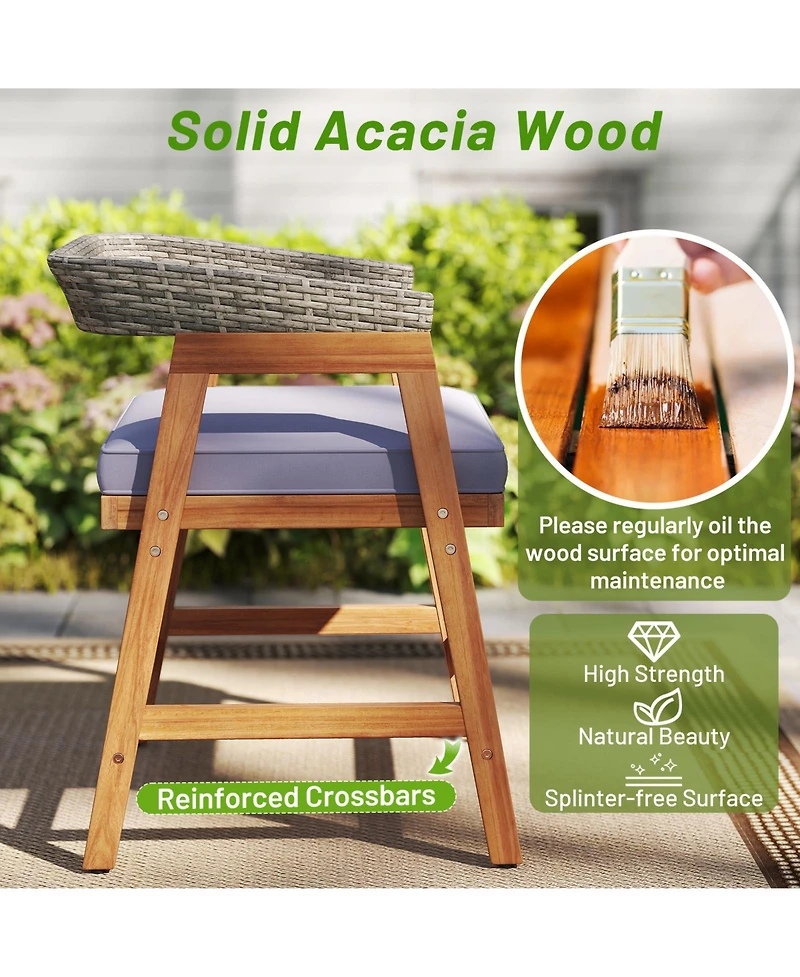 Gouun Set of 4 Acacia Wood Wicker Outdoor Dining Chairs with Seat Cushions