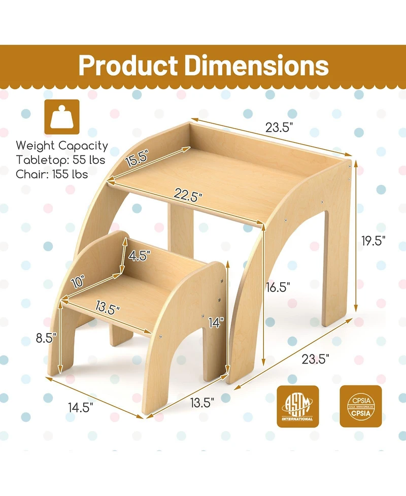 Gouun Kids Table and Chair Set with Wide Tabletop and Curved Edges