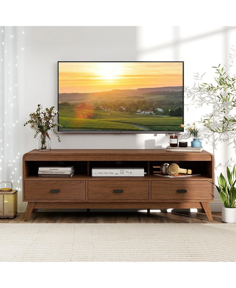 Gouun Mid-Century 59.5-Inch Tv Stand with Three Drawers and Open Shelves