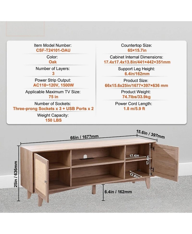 Sugift Rattan Tv Stand, Mid Century Modern, Adjustable Shelfs, with Usb Ports for Living Room