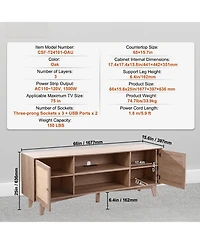Sugift Rattan Tv Stand, Mid Century Modern, Adjustable Shelfs, with Usb Ports for Living Room
