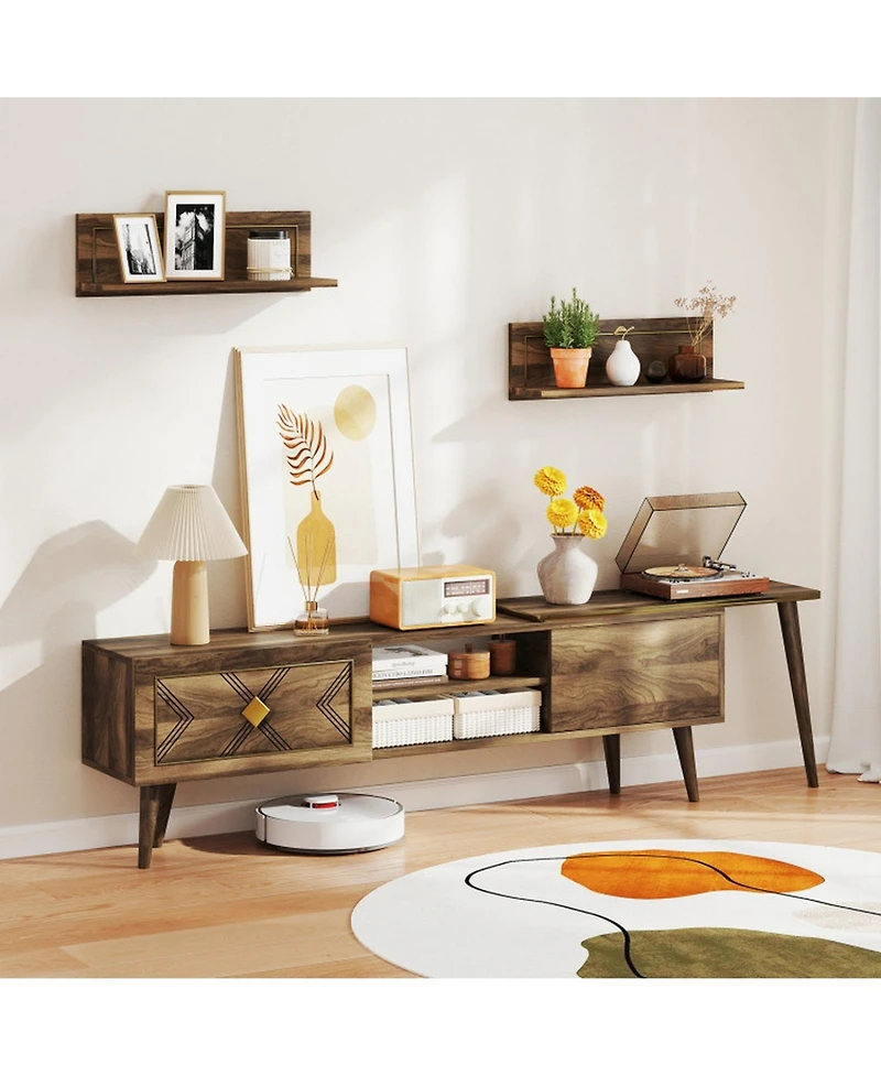 Gouun 75 in Mid-Century Tv Stand with Floating Shelves and Flip Cabinets