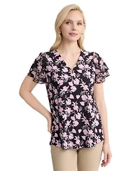 Jones New York Womens Flutter Sleeve V Neck Top