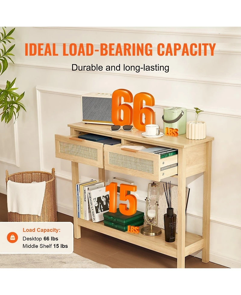 Gouun Rattan Console Table with 2 Drawers and Sliding Door