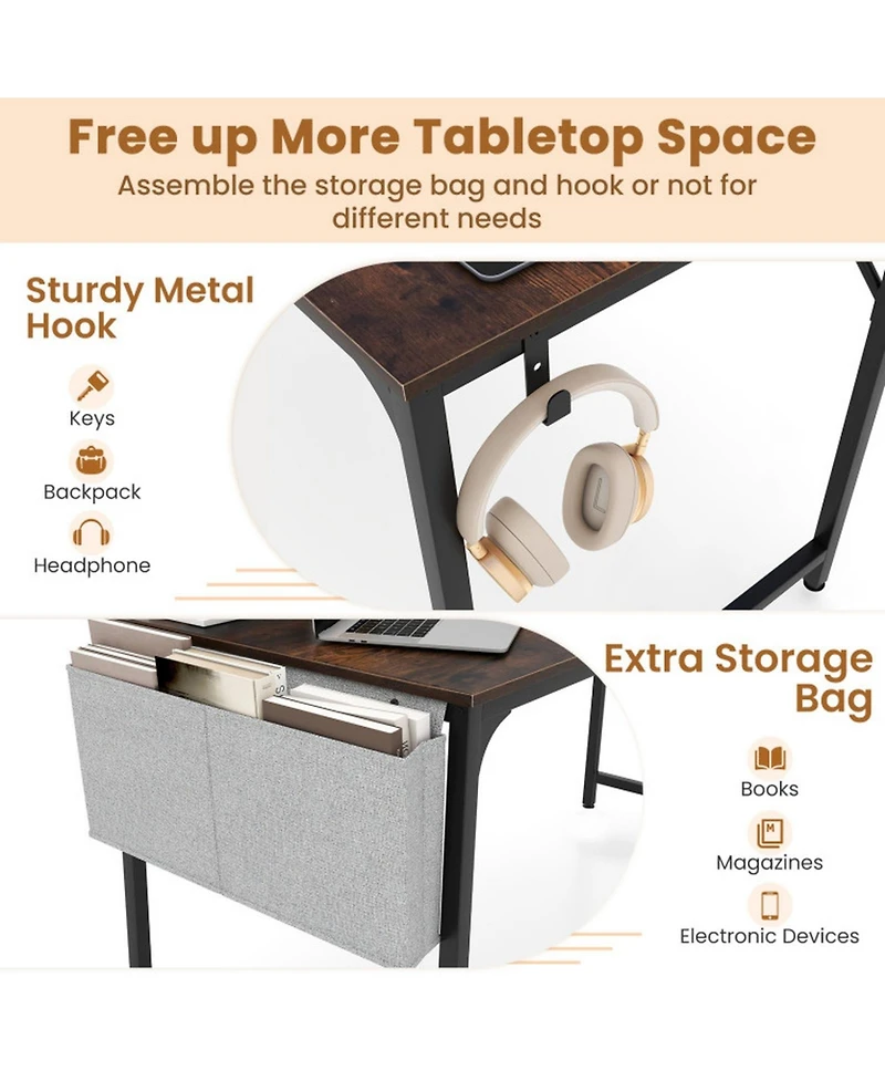 Gouun Compact Home Office Desk with Built-In Charging Station, Storage Bag and Headphone Hook